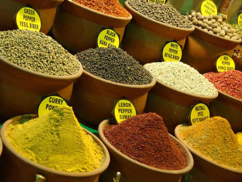 Mounds of spices in the Spice Bazaar of Istanbul
